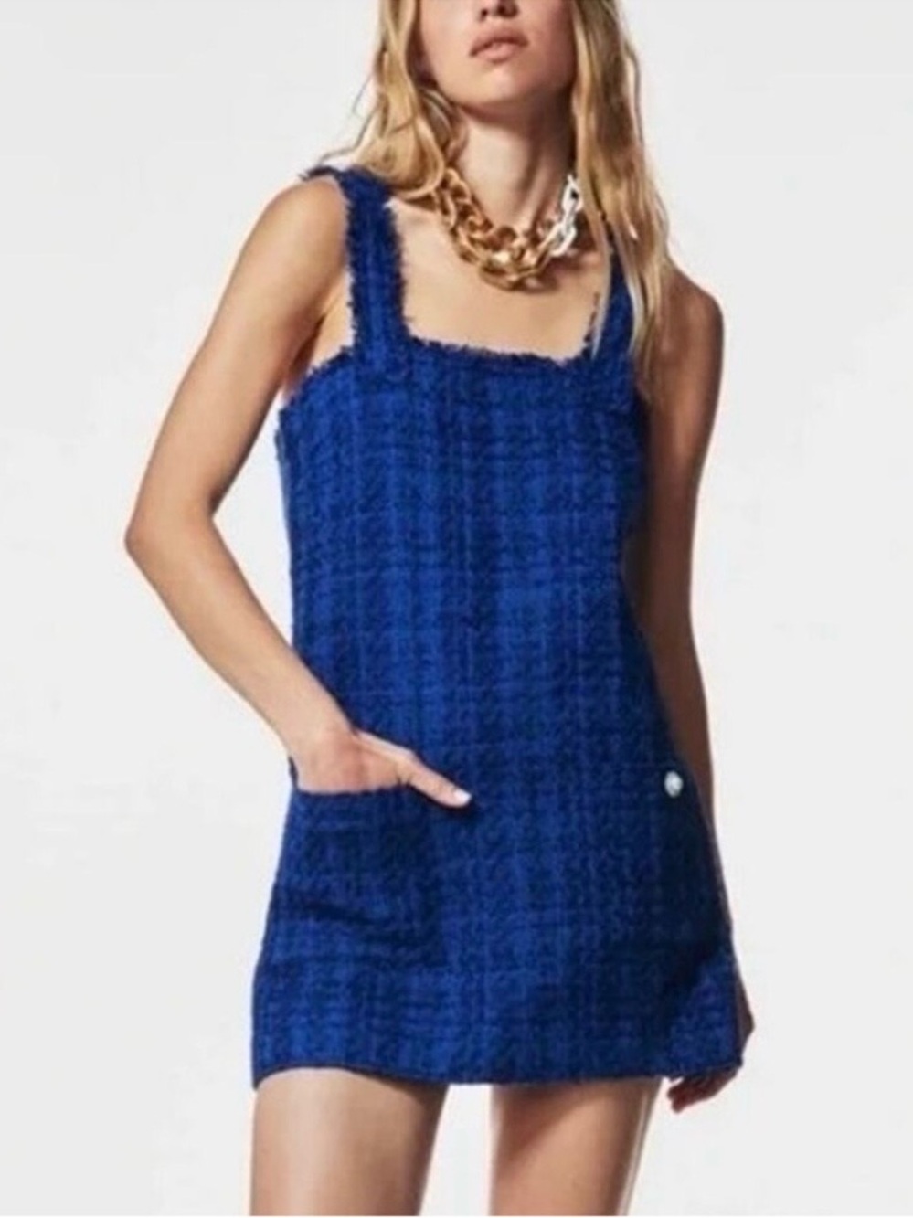 Zara Blue Tweed Pinafore Mini Dress Small